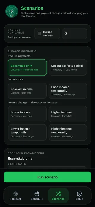 CashGapRadar scenario builder testing income and payment changes